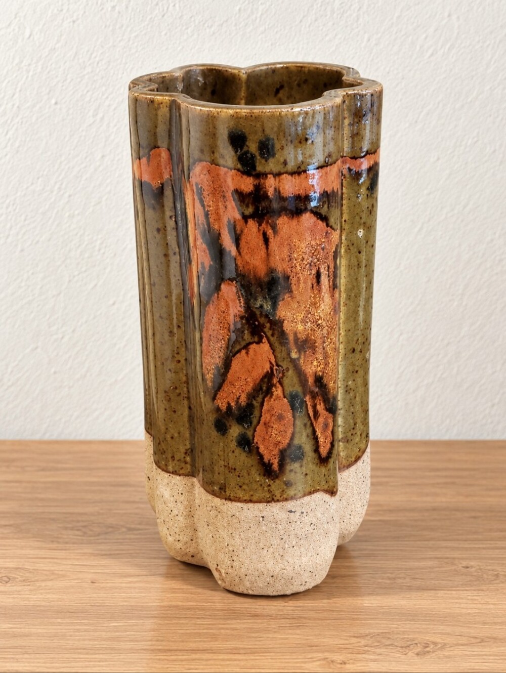 MCM Studio Art Pottery Vase Abstract Green Rust Glaze Makers Mark 8"